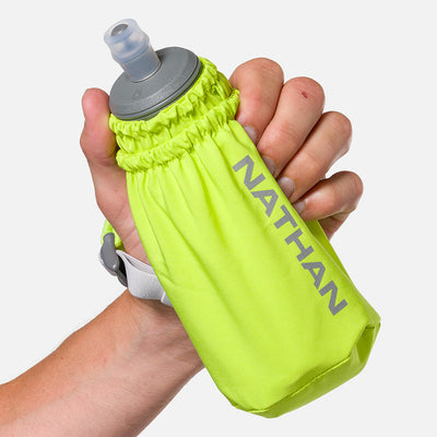 color:Finish Lime/Reflective Silver||seo:Nathan Pinnacle Soft 14oz Flask Handheld - Finish Lime/Reflective Silver - Model Gripping Handheld Flask - Front View