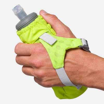 color:Finish Lime/Reflective Silver||seo:Nathan Pinnacle Soft 14oz Flask Handheld - Finish Lime/Reflective Silver - Model Gripping Handheld Flask - Back View