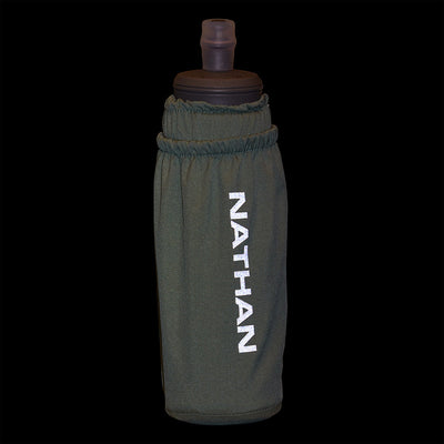 color:Sage Green/Reflective Silver||seo:Nathan Pinnacle Soft 14oz Flask Handheld - Sage Green/Reflective Silver - Detail View of Reflective Highlights on Handheld