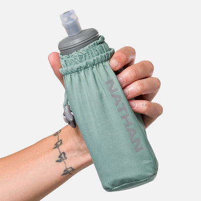 color:Sage Green/Reflective Silver||seo:Nathan Pinnacle Soft 14oz Flask Handheld - Sage Green/Reflective Silver - Model Gripping Handheld Flask - Front View