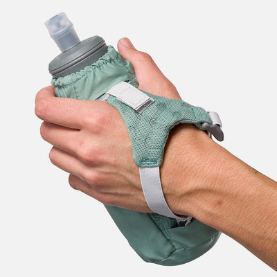 color:Sage Green/Reflective Silver||seo:Nathan Pinnacle Soft 14oz Flask Handheld - Sage Green/Reflective Silver - Model Gripping Handheld Flask - Back View