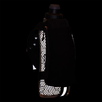 color:Black/Reflective Silver||seo:Nathan SpeedDraw 2 Insulated 18oz Handheld Flask - Black/Reflective Silver - Detail View of Reflective Highlights on Handheld Flask