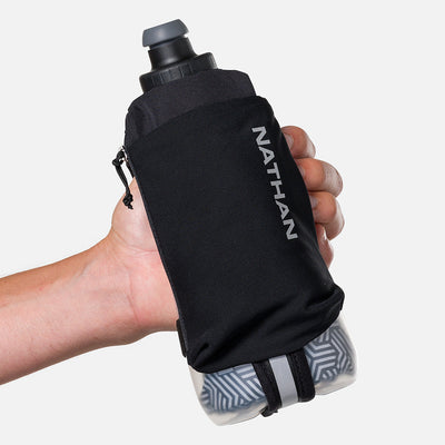 color:Black/Reflective Silver||seo:Nathan SpeedDraw 2 Insulated 18oz Handheld Flask - Black/Reflective Silver - Model Gripping Handheld Flask - Front View