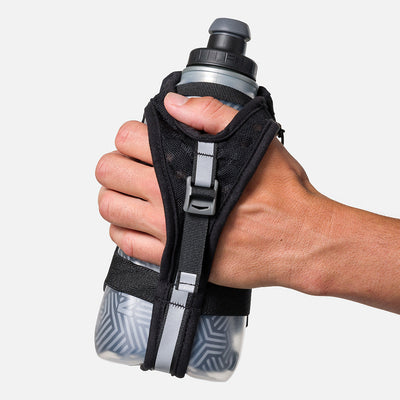 color:Black/Reflective Silver||seo:Nathan SpeedDraw 2 Insulated 18oz Handheld Flask - Black/Reflective Silver - Model Gripping Handheld Flask - Back View