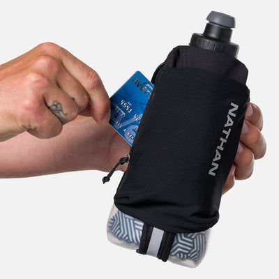 color:Black/Reflective Silver||seo:Nathan SpeedDraw 2 Insulated 18oz Handheld Flask - Black/Reflective Silver - Model Pulling Credit Card from Zippered Pouch