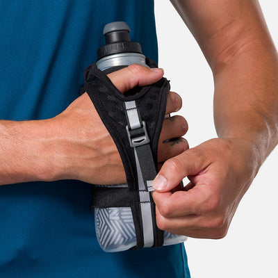 color:Black/Reflective Silver||seo:Nathan SpeedDraw 2 Insulated 18oz Handheld Flask - Black/Reflective Silver - Model Tightening Strap for Better Fit