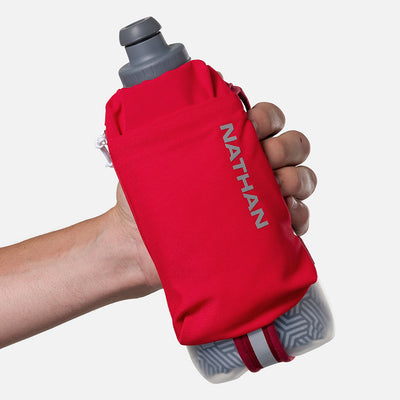 color:Ribbon Red/Reflective Silver||seo:Nathan SpeedDraw 2 Insulated 18oz Handheld Flask - Ribbon Red/Reflective Silver - Model Gripping Handheld Flask - Front View