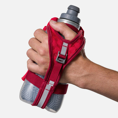 color:Ribbon Red/Reflective Silver||seo:Nathan SpeedDraw 2 Insulated 18oz Handheld Flask - Ribbon Red/Reflective Silver - Model Gripping Handheld Flask - Back View