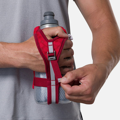 color:Ribbon Red/Reflective Silver||seo:Nathan SpeedDraw 2 Insulated 18oz Handheld Flask - Ribbon Red/Reflective Silver - Model Tightening Strap for Better Fit