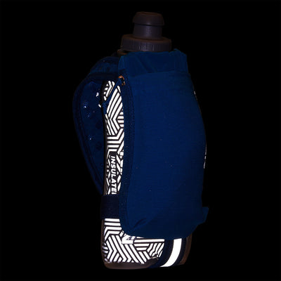 color:Deep Blue/Reflective Silver||seo:Nathan SpeedDraw 2 Insulated 18oz Handheld Flask - Deep Blue/Reflective Silver - Detail View of Reflective Highlights on Handheld Flask