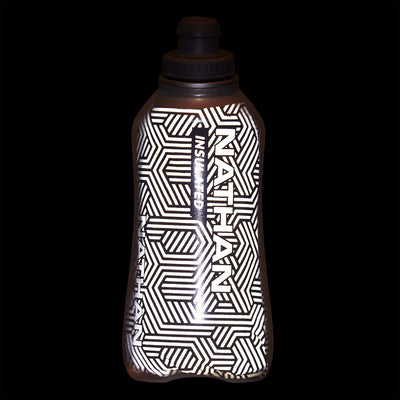 color:Deep Blue/Reflective Silver||seo:Nathan SpeedDraw 2 Insulated 18oz Handheld Flask - Deep Blue/Reflective Silver - Detail View of Reflective Highlights on 18oz Handheld Insulated Flask