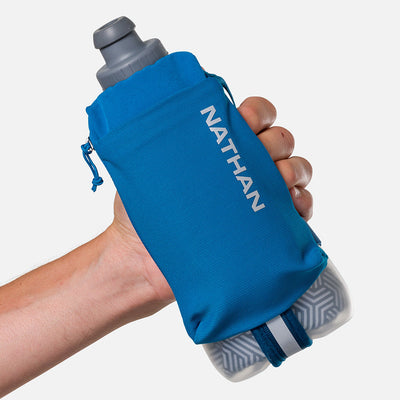 color:Deep Blue/Reflective Silver||seo:Nathan SpeedDraw 2 Insulated 18oz Handheld Flask - Deep Blue/Reflective Silver - Model Gripping Handheld Flask - Front View