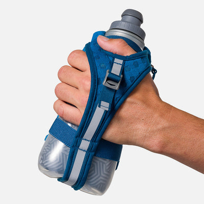 color:Deep Blue/Reflective Silver||seo:Nathan SpeedDraw 2 Insulated 18oz Handheld Flask - Deep Blue/Reflective Silver - Model Gripping Handheld Flask - Back View