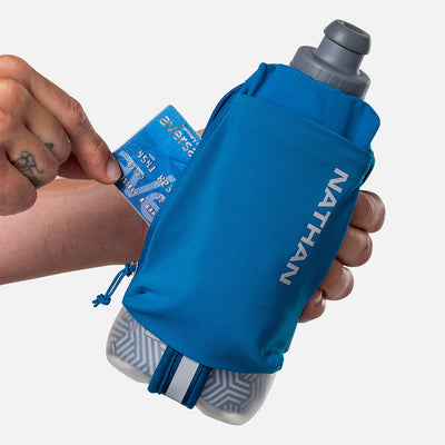color:Deep Blue/Reflective Silver||seo:Nathan SpeedDraw 2 Insulated 18oz Handheld Flask - Deep Blue/Reflective Silver - Model Pulling Credit Card from Zippered Pouch