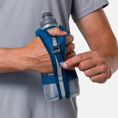 color:Deep Blue/Reflective Silver||seo:Nathan SpeedDraw 2 Insulated 18oz Handheld Flask - Deep Blue/Reflective Silver - Model Tightening Strap for Better Fit