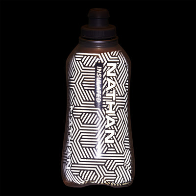 color:Deep Teal/Reflective Silver||seo:Nathan SpeedDraw 2 Insulated 18oz Handheld Flask - Deep Teal/Reflective Silver - Detail View of Reflective Highlights on 18oz Handheld Insulated Flask