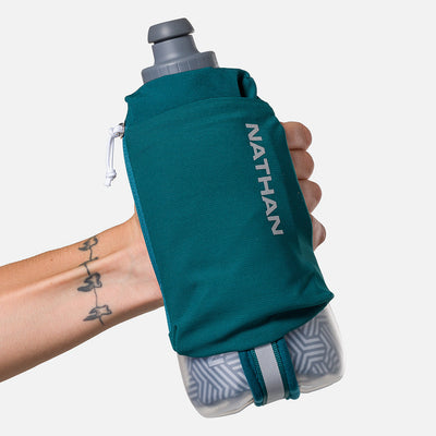 color:Deep Teal/Reflective Silver||seo:Nathan SpeedDraw 2 Insulated 18oz Handheld Flask - Deep Teal/Reflective Silver - Model Gripping Handheld Flask - Front View