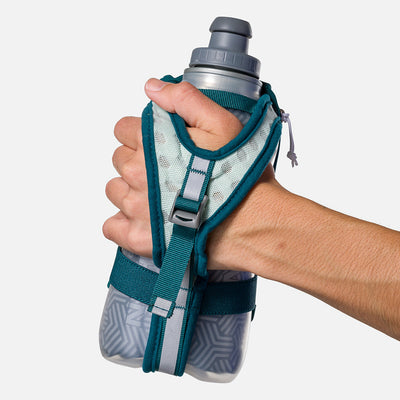 color:Deep Teal/Reflective Silver||seo:Nathan SpeedDraw 2 Insulated 18oz Handheld Flask - Deep Teal/Reflective Silver - Model Gripping Handheld Flask - Back View