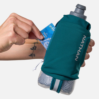 color:Deep Teal/Reflective Silver||seo:Nathan SpeedDraw 2 Insulated 18oz Handheld Flask - Deep Teal/Reflective Silver - Model Pulling Credit Card from Zippered Pouch