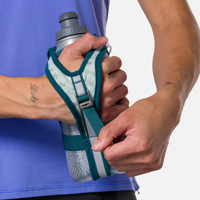 color:Deep Teal/Reflective Silver||seo:Nathan SpeedDraw 2 Insulated 18oz Handheld Flask - Deep Teal/Reflective Silver - Model Tightening Strap for Better Fit