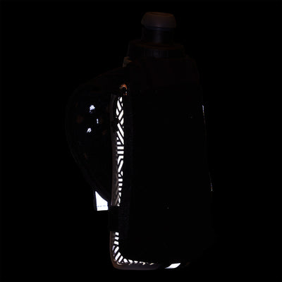 color:Black/Reflective Silver||seo:seo:Nathan SpeedDraw 2 Insulated 12oz Handheld Flask - Black/Reflective Silver - Detail View of Reflective Highlights on Handheld Flask