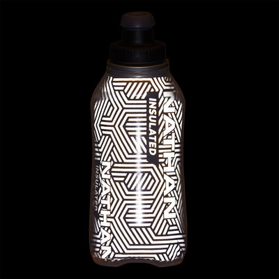 color:Black/Reflective Silver||seo:Nathan SpeedDraw 2 Insulated 12oz Handheld Flask - Black/Reflective Silver - Detail View of Reflective Highlights on 18oz Insulated Flask