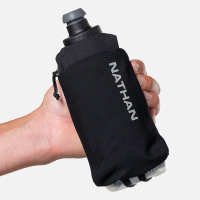 color:Black/Reflective Silver||seo:Nathan SpeedDraw 2 Insulated 12oz Handheld Flask - Black/Reflective Silver - Model Holding Flask - Front View