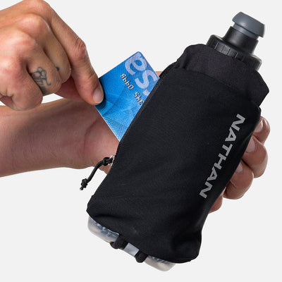 color:Black/Reflective Silver||seo:Nathan SpeedDraw 2 Insulated 12oz Handheld Flask - Black/Reflective Silver - Model Pulling Credit Card from Zippered Pouch
