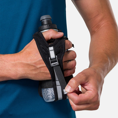 color:Black/Reflective Silver||seo:Nathan SpeedDraw 2 Insulated 12oz Handheld Flask - Black/Reflective Silver - Model Tightening Strap for Better Fit