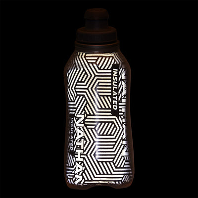 color:Ribbon Red/Reflective Silver||seo:Nathan SpeedDraw 2 Insulated 12oz Handheld Flask - Ribbon Red/Reflective Silver - Detail View of Reflective Highlights on Handheld Flask