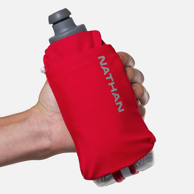 color:Ribbon Red/Reflective Silver||seo:Nathan SpeedDraw 2 Insulated 12oz Handheld Flask - Ribbon Red/Reflective Silver - Model Gripping Handheld Flask - Front View
