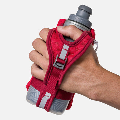 color:Ribbon Red/Reflective Silver||seo:Nathan SpeedDraw 2 Insulated 12oz Handheld Flask - Ribbon Red/Reflective Silver - Model Gripping Handheld Flask - Back View