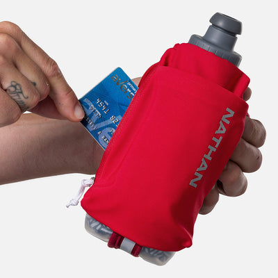 color:Ribbon Red/Reflective Silver||seo:Nathan SpeedDraw 2 Insulated 12oz Handheld Flask - Ribbon Red/Reflective Silver - Model Pulling Credit Card from Zippered Pouch