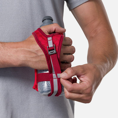 color:Ribbon Red/Reflective Silver||seo:Nathan SpeedDraw 2 Insulated 12oz Handheld Flask - Ribbon Red/Reflective Silver - Model Tightening Strap for Better Fit