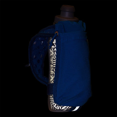color:Deep Blue/Reflective Silver||seo:Nathan SpeedDraw 2 Insulated 12oz Handheld Flask - Deep Blue/Reflective Silver - Detail View of Reflective Highlights on Handheld
