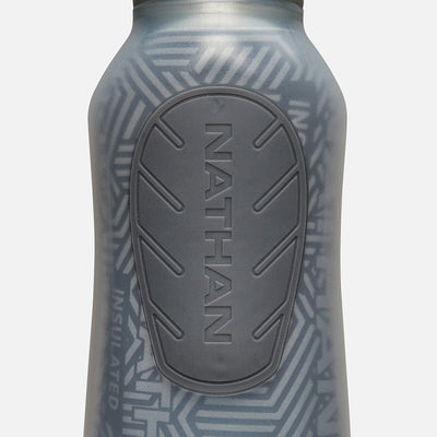 color:Deep Blue/Reflective Silver||seo:Nathan SpeedDraw 2 Insulated 12oz Handheld Flask - Deep Blue/Reflective Silver - Detail View of Flask Bottle