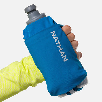 color:Deep Blue/Reflective Silver||seo:Nathan SpeedDraw 2 Insulated 12oz Handheld Flask - Deep Blue/Reflective Silver - Model Gripping Handheld Flask - Front View