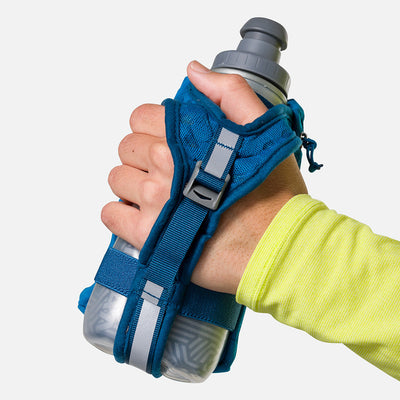 color:Deep Blue/Reflective Silver||seo:Nathan SpeedDraw 2 Insulated 12oz Handheld Flask - Deep Blue/Reflective Silver - Model Gripping Handheld Flask - Back View