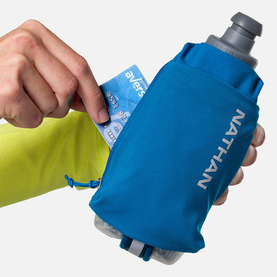 color:Deep Blue/Reflective Silver||seo:Nathan SpeedDraw 2 Insulated 12oz Handheld Flask - Deep Blue/Reflective Silver - Model Pulling Credit Card from Zippered Pouch