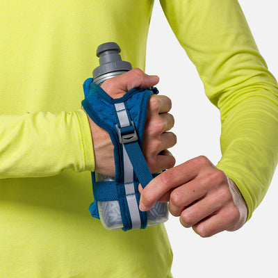 color:Deep Blue/Reflective Silver||seo:Nathan SpeedDraw 2 Insulated 12oz Handheld Flask - Deep Blue/Reflective Silver - Model Tightening Strap for Better Fit