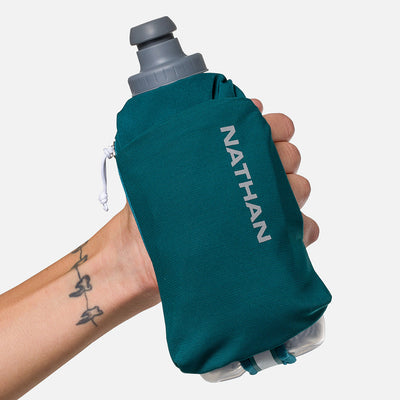 color:Deep Teal/Reflective Silver||seo:Nathan SpeedDraw 2 Insulated 12oz Handheld Flask - Deep Teal/Reflective Silver - Model Gripping Handheld Flask - Front View