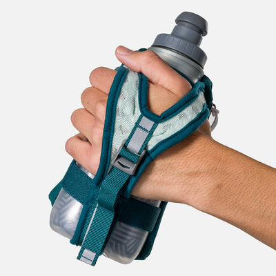 color:Deep Teal/Reflective Silver||seo:Nathan SpeedDraw 2 Insulated 12oz Handheld Flask - Deep Teal/Reflective Silver - Model Gripping Handheld Flask - Back View