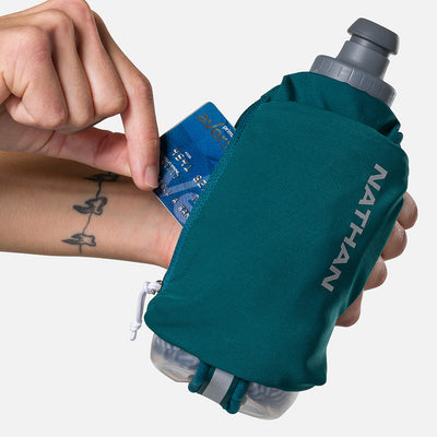 color:Deep Teal/Reflective Silver||seo:Nathan SpeedDraw 2 Insulated 12oz Handheld Flask - Deep Teal/Reflective Silver - Model Pulling Credit Card from Zippered Pouch