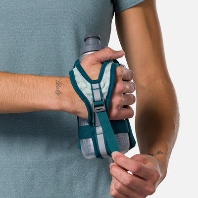 color:Deep Teal/Reflective Silver||seo:Nathan SpeedDraw 2 Insulated 12oz Handheld Flask - Deep Teal/Reflective Silver - Model Tightening Strap for Better Fit