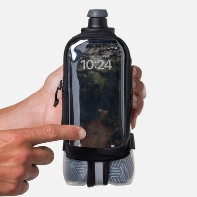 color:Black/Reflective Silver||seo:Nathan SpeedDraw 2 View Insulated 18oz Handheld Flask  - Black/Reflective Silver - Model Pointing To/Highlighting  the Clearview Touchscreen