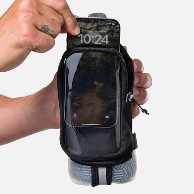 color:Black/Reflective Silver||seo:Nathan SpeedDraw 2 View Insulated 18oz Handheld Flask  - Black/Reflective Silver - Model Pulling Credit Card from Zippered Pouch