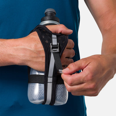 color:Black/Reflective Silver||seo:Nathan SpeedDraw 2 View Insulated 18oz Handheld Flask  - Black/Reflective Silver - Model Tightening Strap for Better Fit