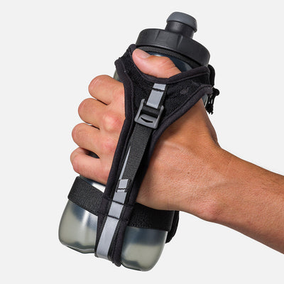 color:Black/Reflective Silver||seo:Nathan SpeedDraw 2 22oz Handheld Flask - Black/Reflective Silver - Model Gripping Handheld Flask - Back View