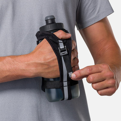 color:Black/Reflective Silver||seo:Nathan SpeedDraw 2 22oz Handheld Flask - Black/Reflective Silver - Model Tightening Strap for Better Fit
