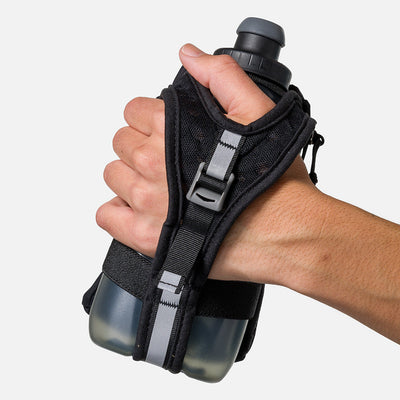 color:Black/Reflective Silver||seo:Nathan SpeedDraw 2 18oz Flask - Black/Reflective Silver - Model Gripping Handheld Flask - Back View